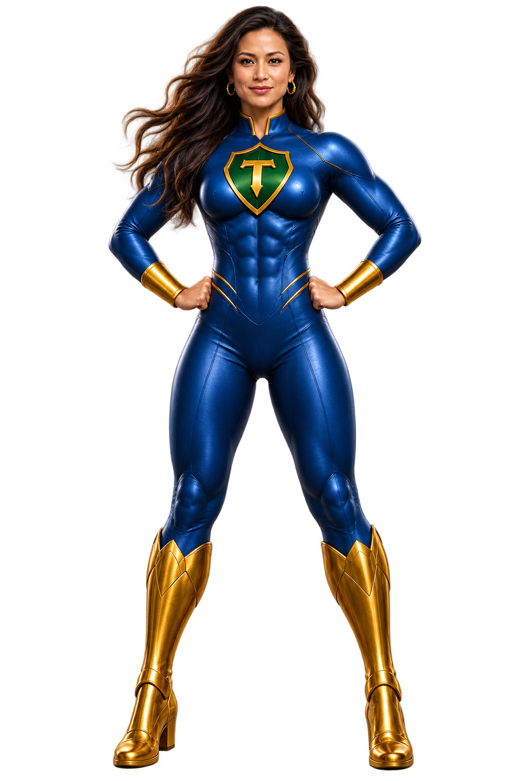 Captain Trust standing confidently with both hands on her hips