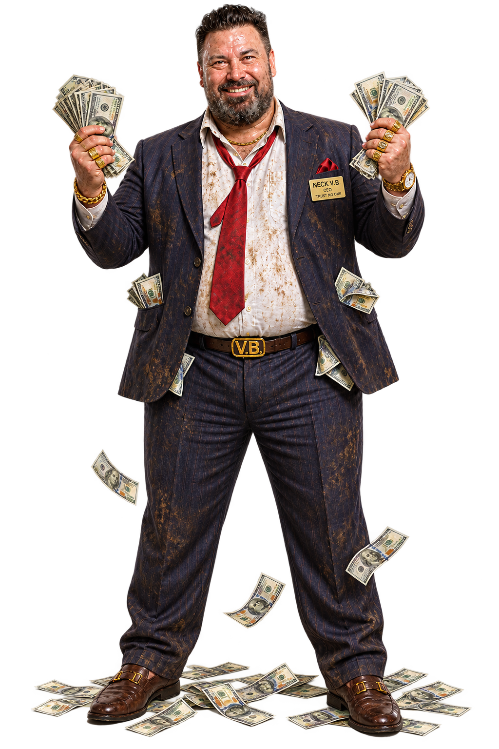 Neck V.B. holding cash with loose bills around him