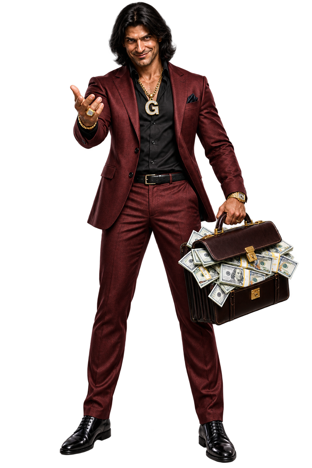 Scammer G holding an overfilled brown leather briefcase